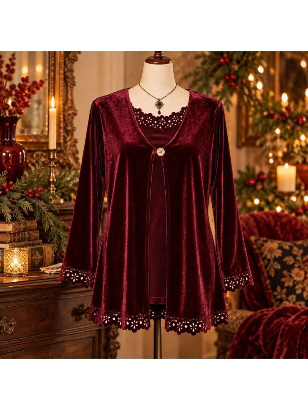 VTG Hypnotic Burgundy Velvet Tunic Top M Floral Cutout 2fer Whimsigoth USA